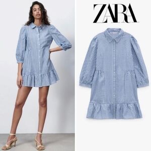 NWOT! Zara Blue & White Seersucker Cotton Collared Dress With Buttons Down Front